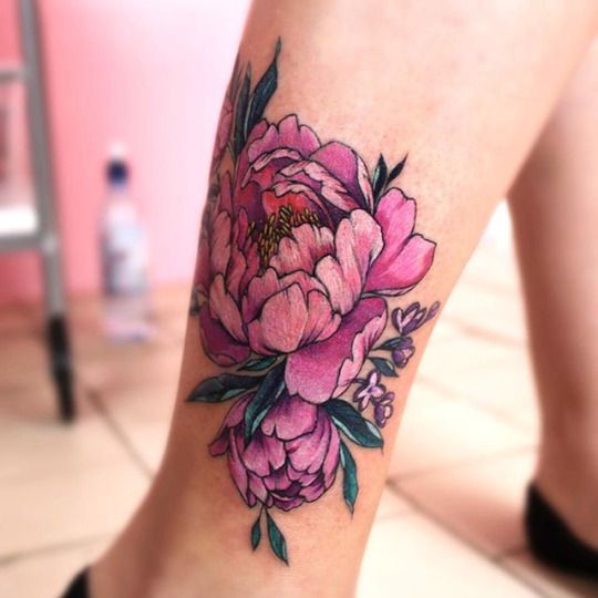 Purple Ink Peony Flowers Tattoo On Right Leg