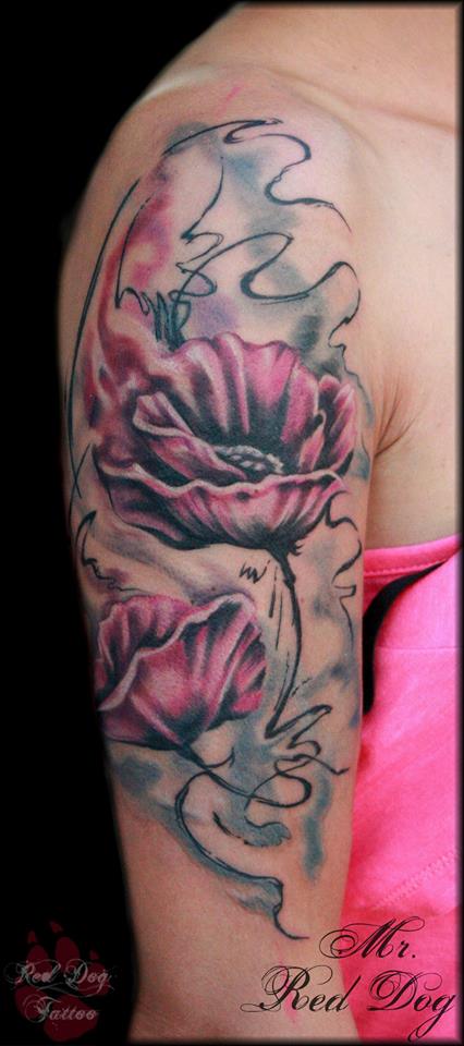 Purple Ink Poppy Flowers Tattoo On Right Half Sleeve