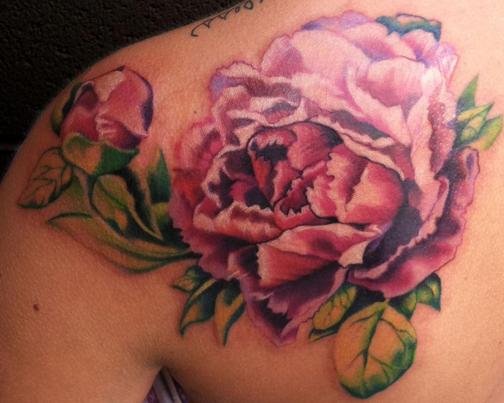 Purple Ink Realistic Peony Flowers Tattoo On Left Back Shoulder