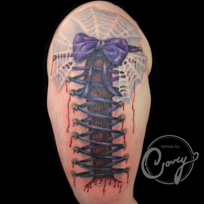 Purple Ink Ripped Skin Corset Tattoo On Right Half Sleeve