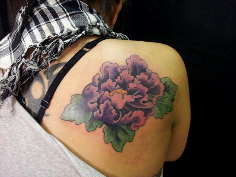 Purple Ink Traditional Peony Flower Tattoo On Left Back Shoulder