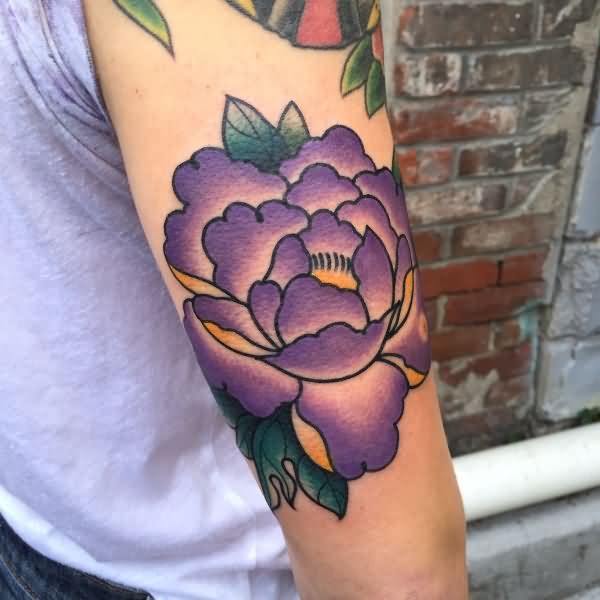 Purple Ink Traditional Peony Flower Tattoo On Right Half Sleeve