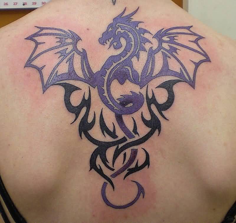 Purple Ink Tribal Dragon Tattoo On Upper Back