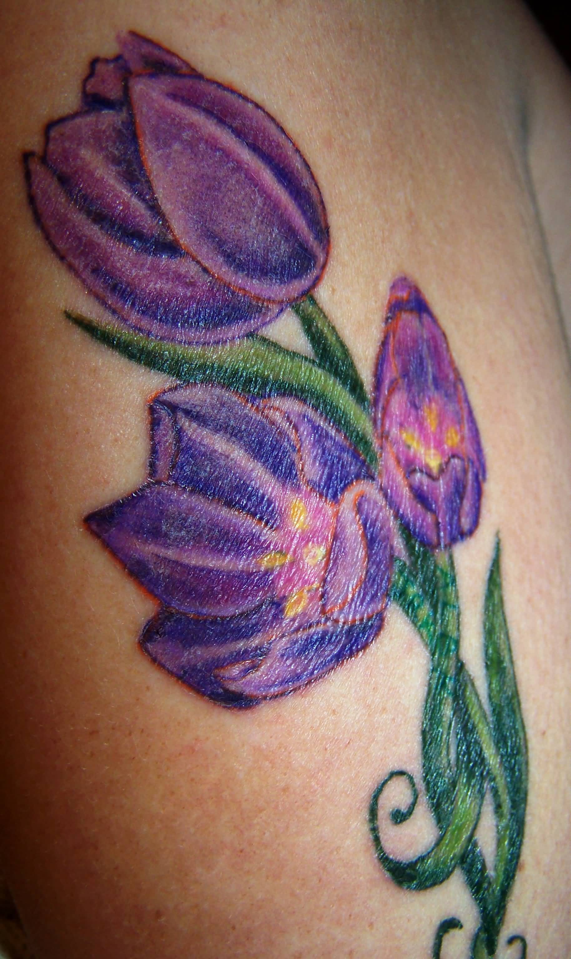 Purple Ink Tulip Tattoo On Bicep