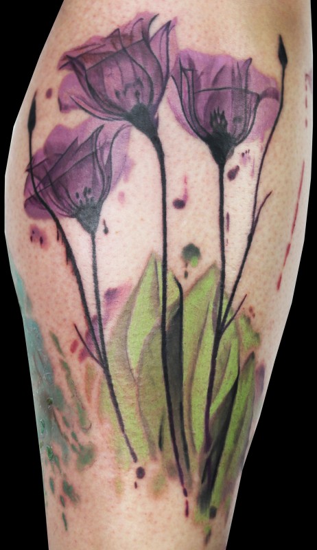 Purple Tulip Tattoos Design On Leg