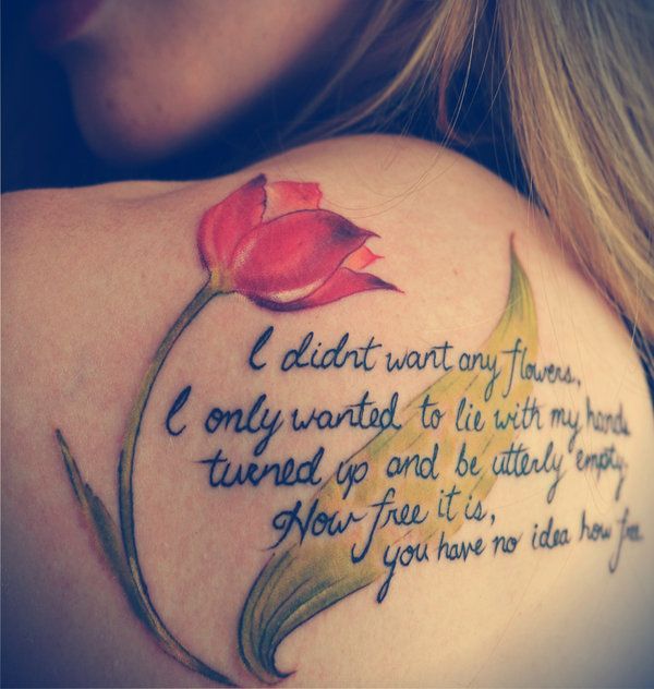 Quote Tulip Tattoo On Left Back Shoulder