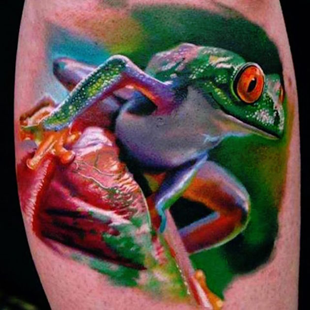 Realistic Colored Frog Tattoo On Arm