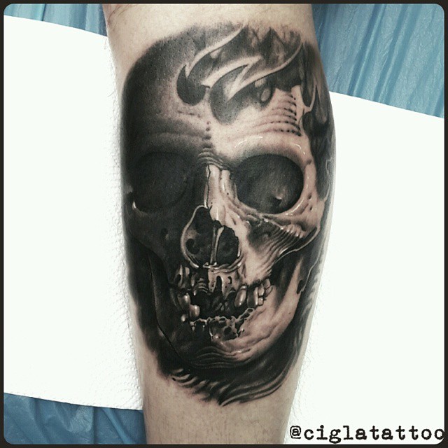 Realistic Grey 3D Skull Tattoo On Leg Sleeve by Cigla Tattoo