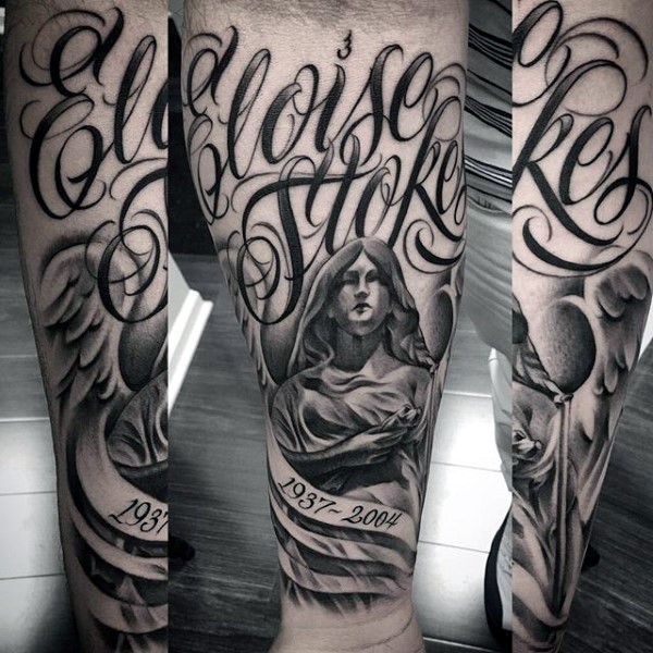 Realistic Grey Ink Memorial Tattoo On Forearm