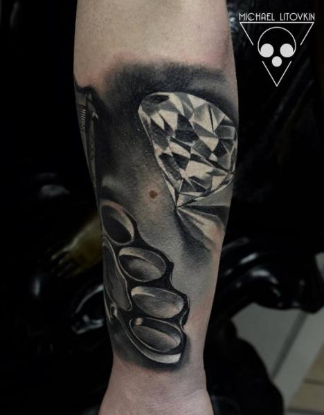 Realistic Knuckle And Diamond Tattoo On Arm
