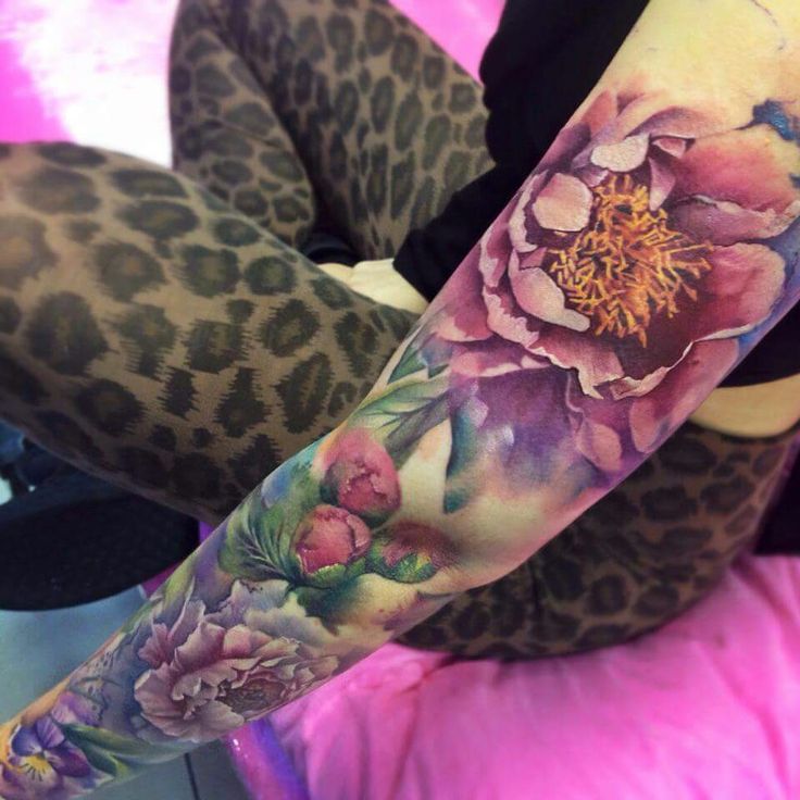 Realistic Peony Flowers Tattoo On Girl Left Full Sleeve