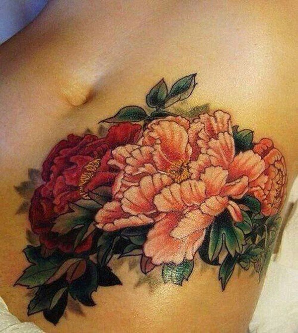 Realistic Peony Flowers Tattoo On Girl Left Hip By Roman Kuznetsov