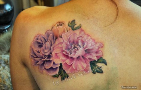Realistic Peony Flowers Tattoo On Left Back Shoulder