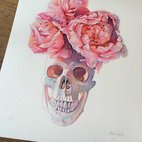 Realistic Peony Flowers With Skull Tattoo Design By Tracy Lewis