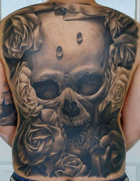 Realistic Roses And 3D Skull Tattoo On Man Full Back