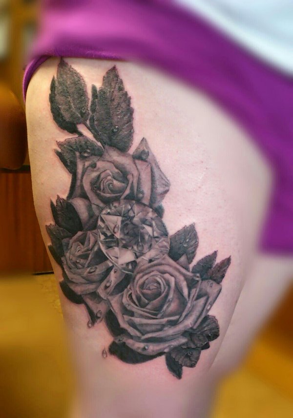 Realistic Roses And Diamond Tattoo On Thigh