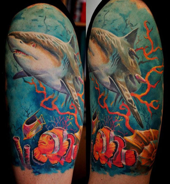 Realistic Shark Tattoo On Left Half Sleeve By Dmitriy Samohin
