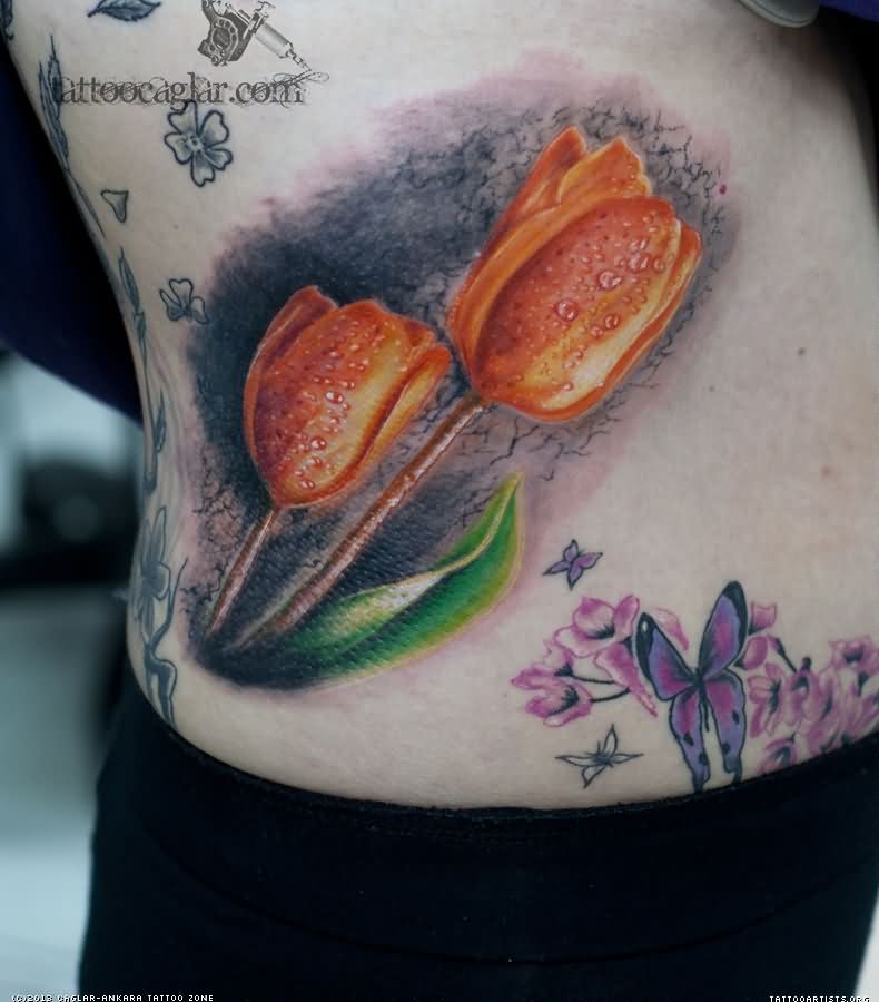 Realistic Tulip Flowers Tattoos On Side Rib