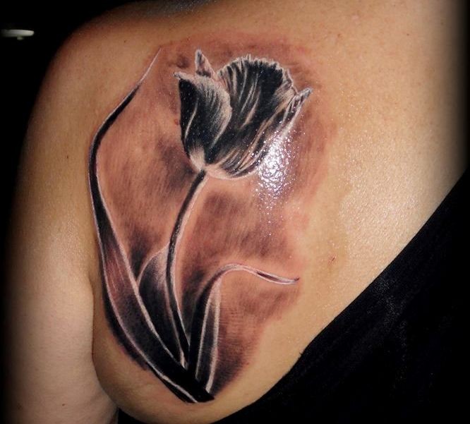 Realistic Tulip Tattoo On Left Back Shoulder