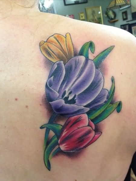 Realistic Tulip Tattoo On Right Back Shoulder