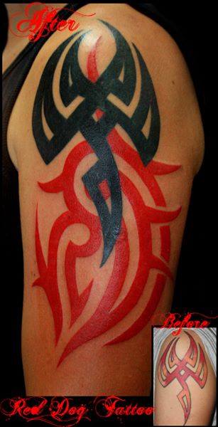 Red And Black Tribal Design Tattoo On Half Sleeve