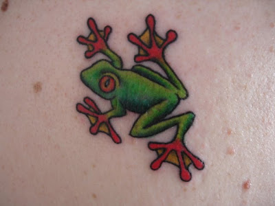 Red And Green Ink Frog Tattoo