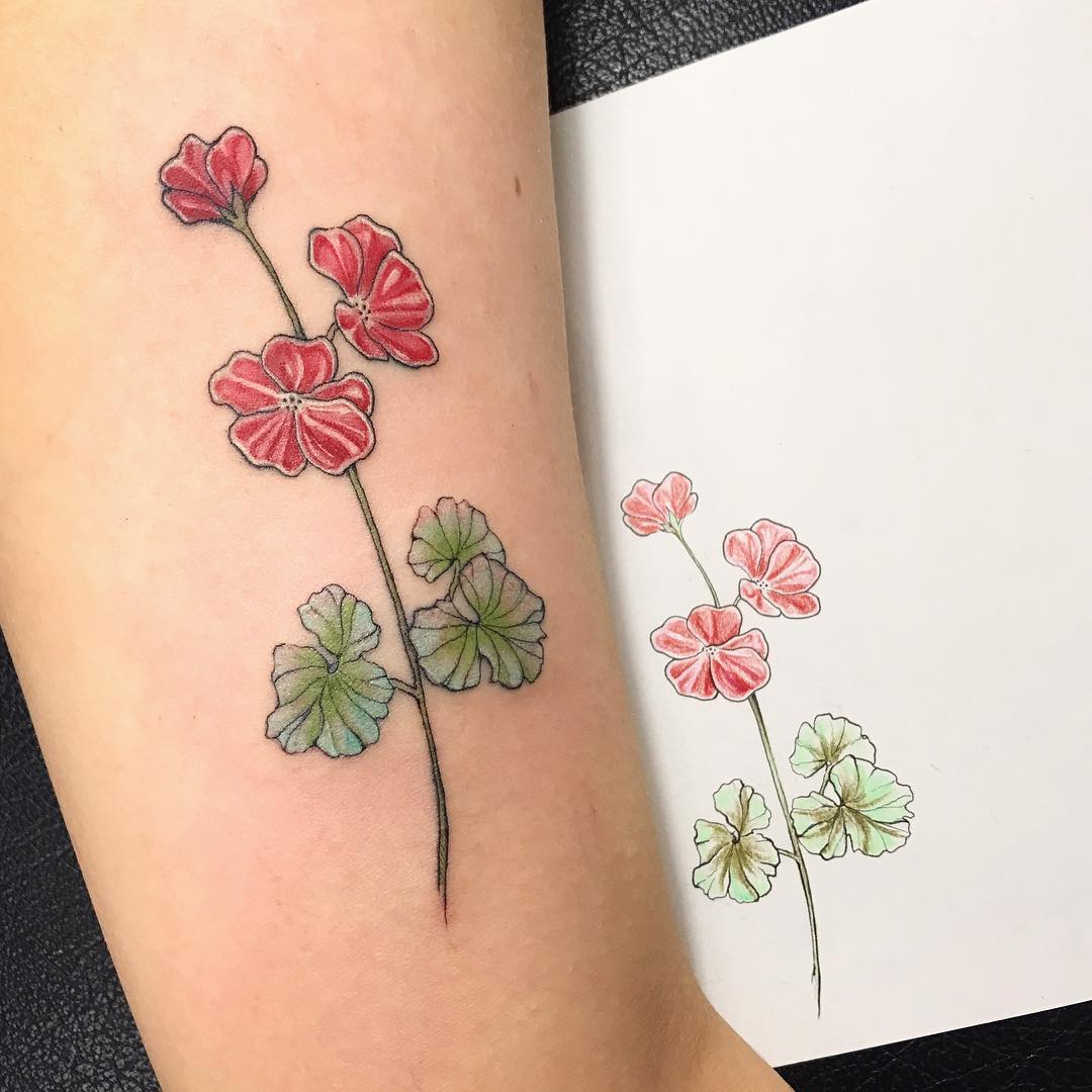 Red Ink Geranium Flowers Tattoo On Right Half Sleeve