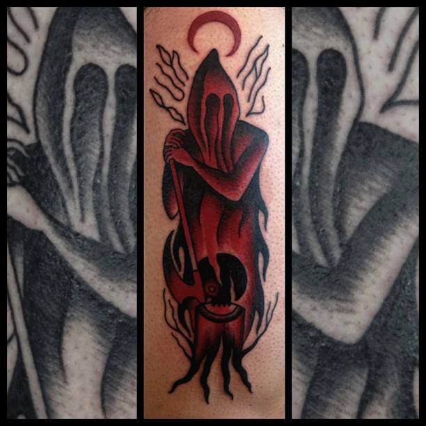 Red Ink Grim Reaper Tattoo Design For Sleeve
