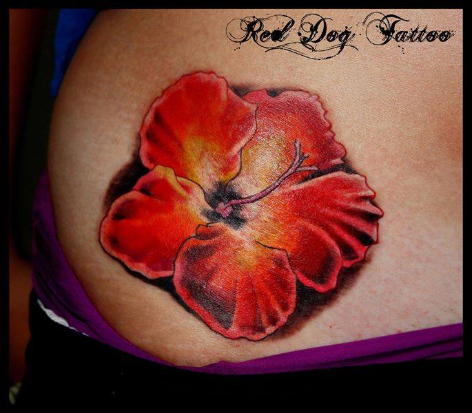 Red Ink Hibiscus Flower Tattoo Design For Hip
