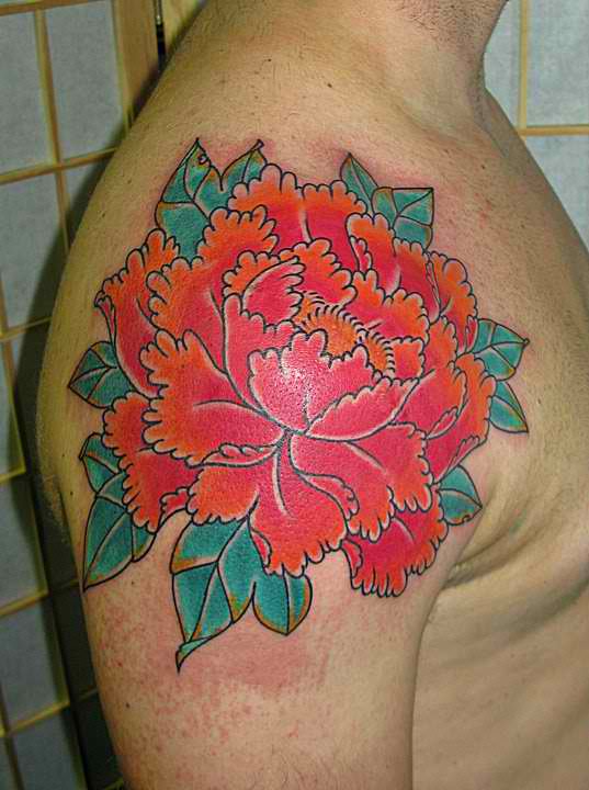 Red Ink Japanese Peony Flower Tattoo On Man Right Shoulder