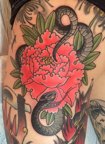 Red Ink Japanese Peony Flower With Snake Tattoo Design For Half Sleeve By Fran Massino