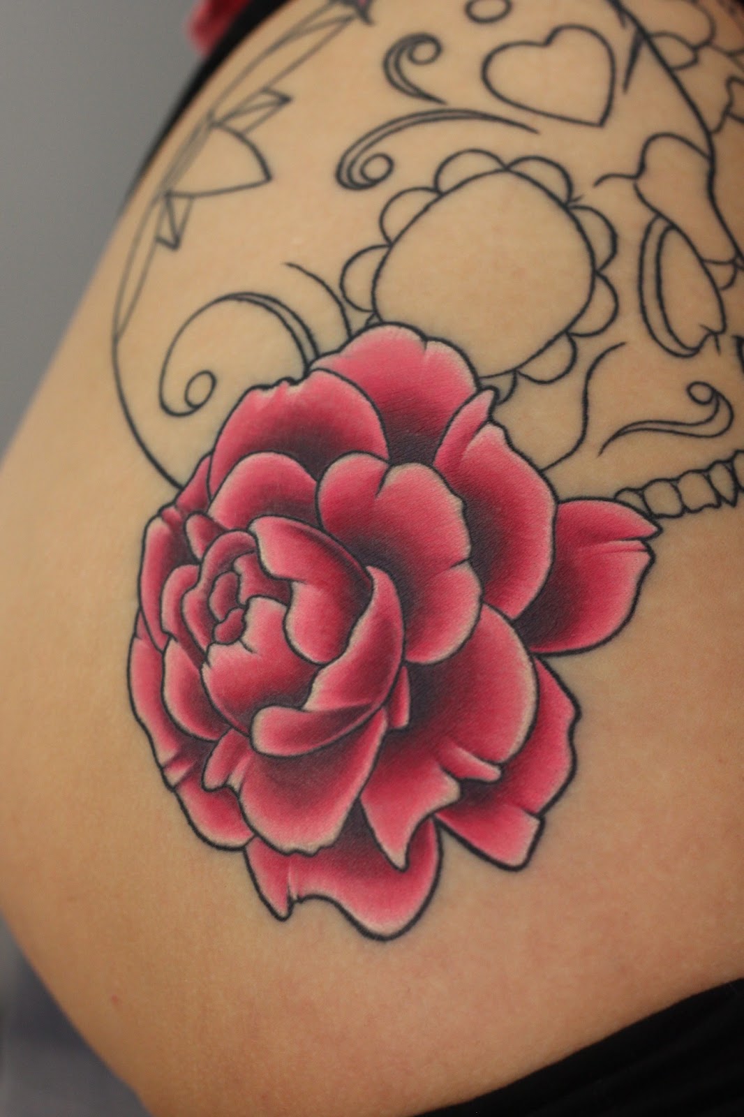 Red Ink Peony Flower Tattoo Design For Girl