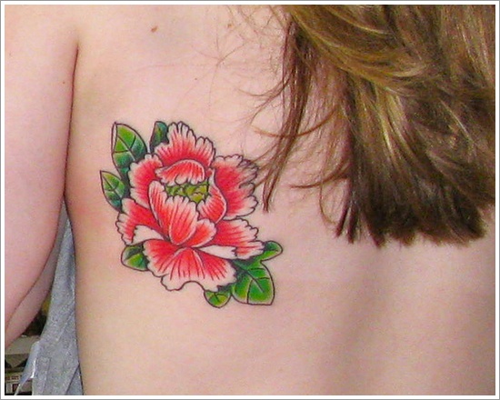 Red Ink Peony Flower Tattoo On Girl Left Back Shoulder