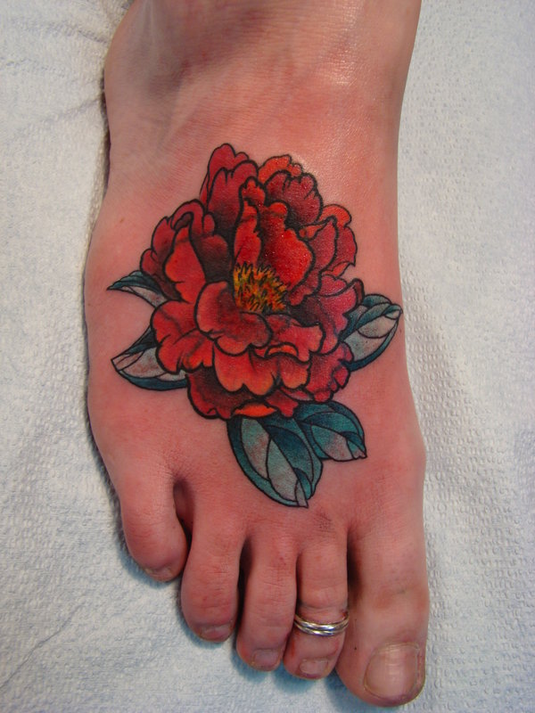 Red Ink Peony Flower Tattoo On Girl Right Foot