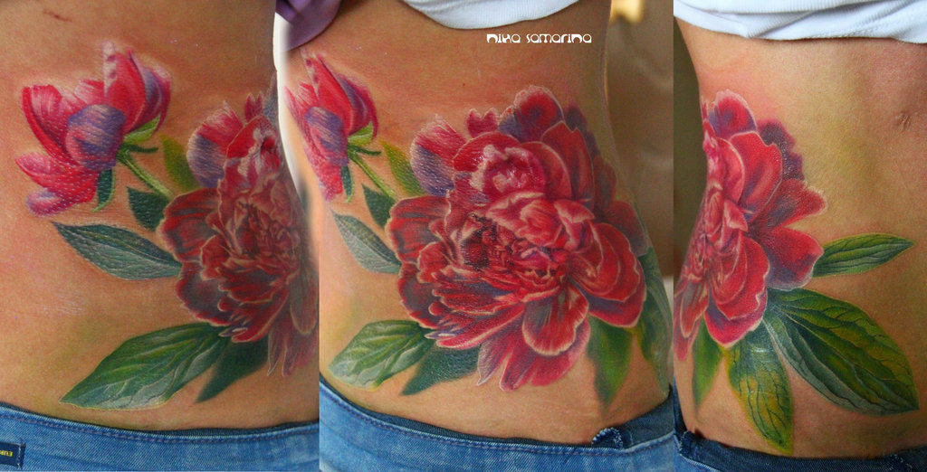 Red Ink Peony Flower Tattoo On Side Rib By NikaSamarina