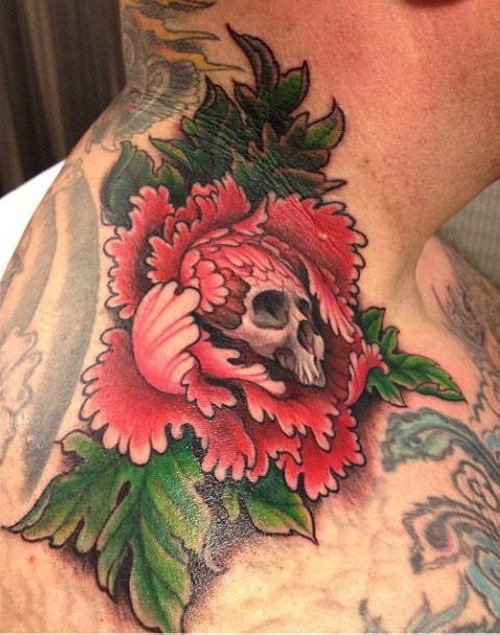 Red Ink Peony Flower With Skull Tattoo On Right Upper Shoulder