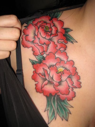 Red Ink Peony Flowers Tattoo On Left Back Shoulder