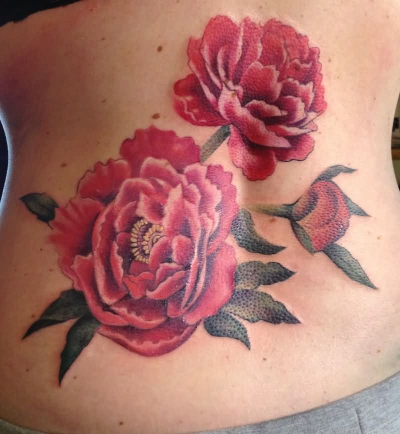 Red Ink Realistic Peony Flowers Tattoo On Women Lower Back