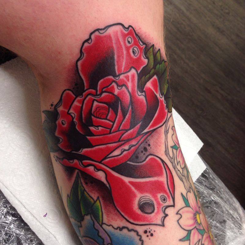 Red Ink Rose Tattoo On Half Sleeve By Scott Owen