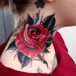 Red Ink Rose Tattoo On Right Side Neck By Sam Ricketts