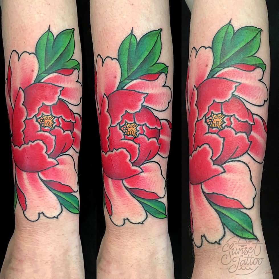 Red Ink Traditional Peony Flower Tattoo On Arm