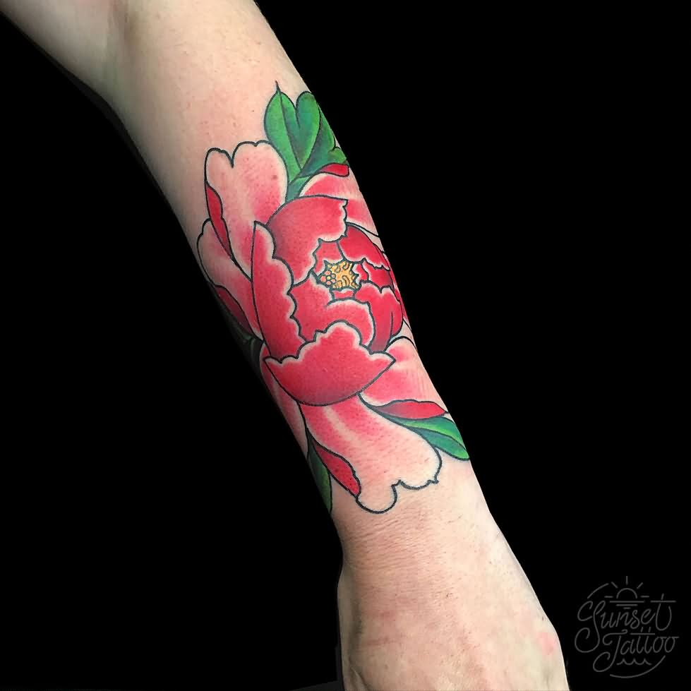 Red Ink Traditional Peony Flower Tattoo On Left Arm