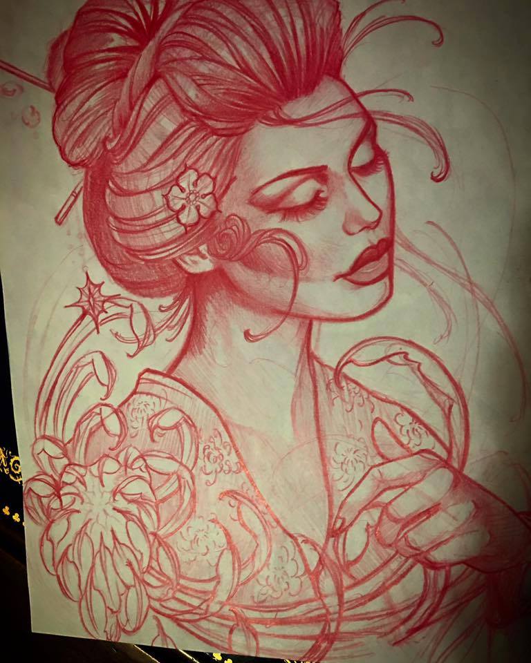 Red Ink Women Tattoo Design By Jeff Norton