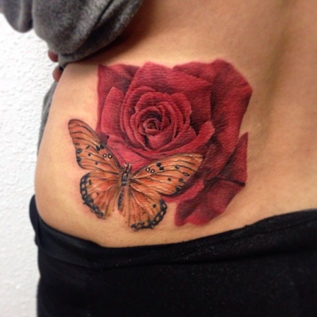 Red Rose And Butterfly Tattoo On Lower Back