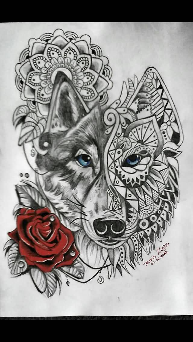 Red Rose And Mandala Wolf Tattoo Design
