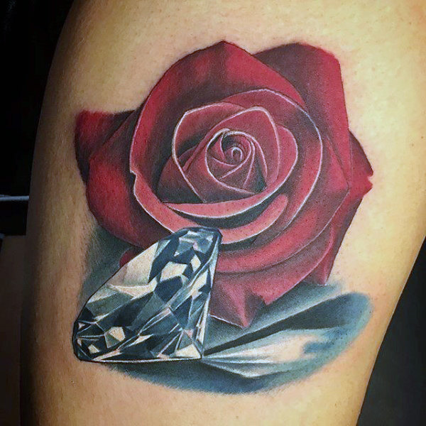 Red Rose And Realistic Diamond Tattoo