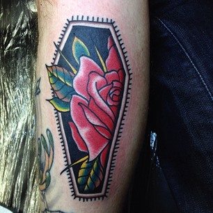 Red Rose In Coffin Tattoo Design For Leg By Sam Ricketts
