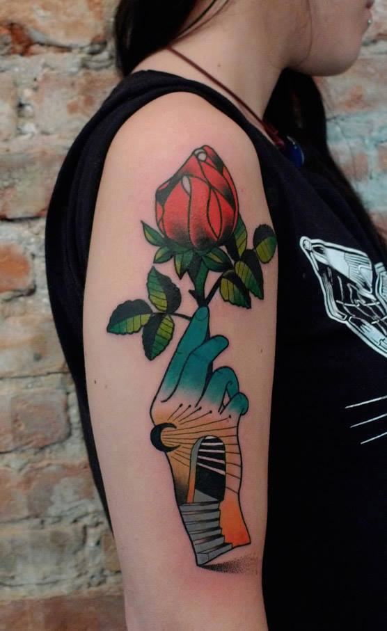 Red Rose Tattoo On Women Right Half Sleeve