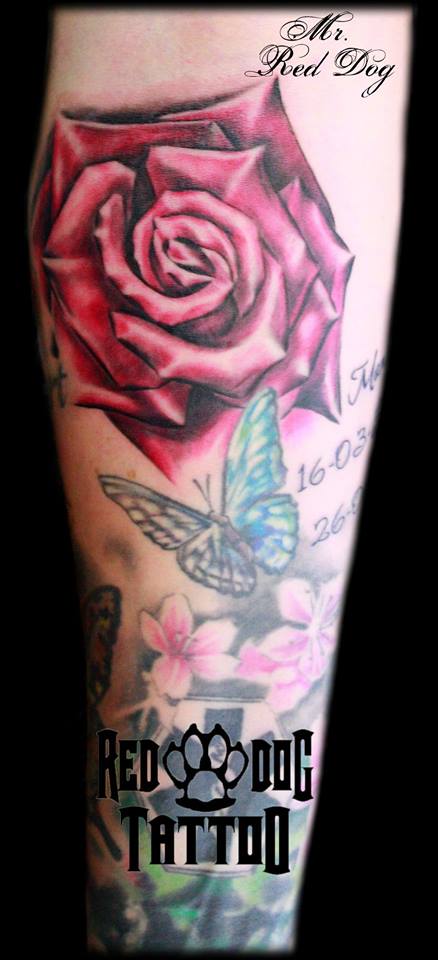 Red Rose With Butterfly Tattoo Design For Sleeve