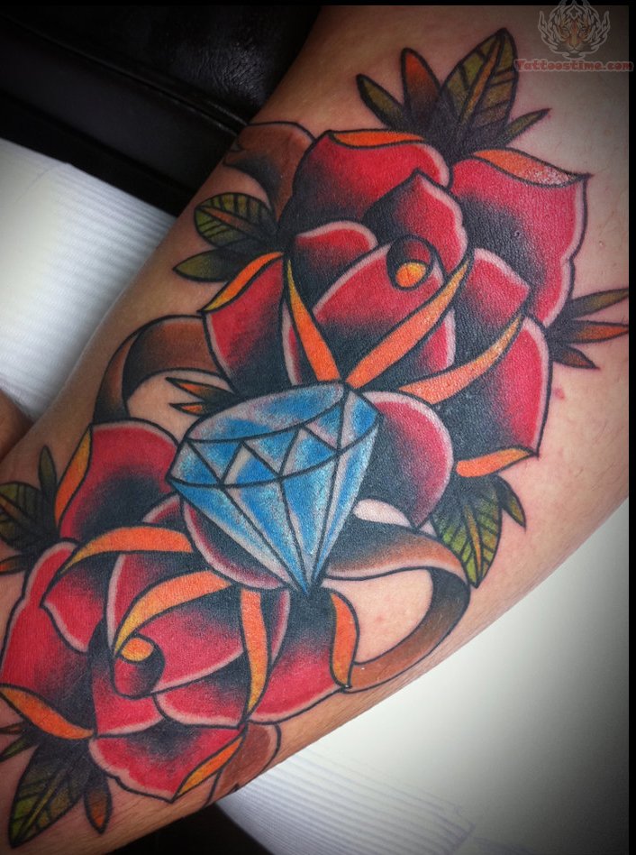 Red Roses And Blue Diamond Tattoo On Leg